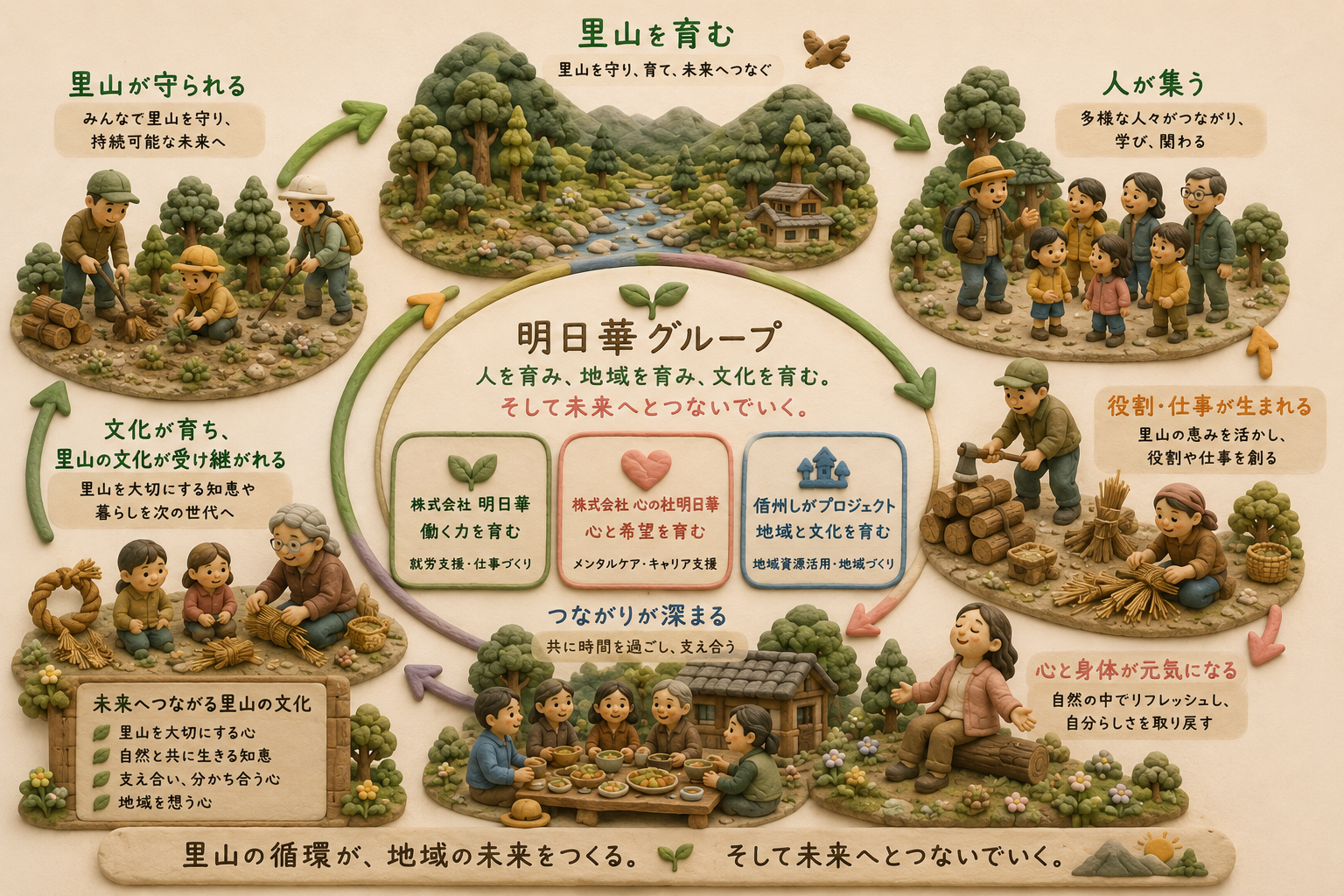 明日華グループのコンセプト循環図。中心に明日華グループ「人を育み、地域を育み、文化を育む。そして未来へとつないでいく。」を掲げ、その内側に3法人を配置しています。株式会社明日華＝働く力を育む（就労支援・仕事づくり）、株式会社心の杜明日華＝心と希望を育む（メンタルケア・キャリア支援）、信州しがプロジェクト＝地域と文化を育む（地域資源活用・地域づくり）。その周囲を7つの段階が輪になって循環します。①里山を育む（里山を守り、育て、未来へつなぐ）→②人が集う（多様な人々がつながり、学び、関わる）→③役割・仕事が生まれる（里山の恵みを活かし、役割や仕事を創る）→④心と身体が元気になる（自然の中でリフレッシュし、自分らしさを取り戻す）→⑤つながりが深まる（共に時間を過ごし、支え合う）→⑥文化が育ち、里山の文化が受け継がれる（里山を大切にする知恵や暮らしを次の世代へ）→⑦里山が守られる（みんなで里山を守り、持続可能な未来へ）→再び①里山を育むへ。未来へつながる里山の文化として、里山を大切にする心・自然と共に生きる知恵・支え合い分かち合う心・地域を想う心の4つを掲げています。図の結びは「里山の循環が、地域の未来をつくる。そして未来へとつないでいく。」